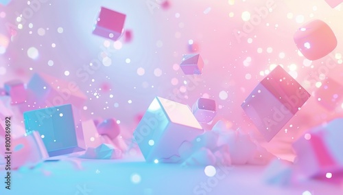 Colorful geometric shapes flying in the air, with a pastel colored background in light white and pink tones Generative AI photo