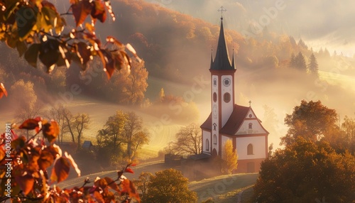 A beautiful church nestled in the rolling hills of Central Europe with soft morning mist and autumn foliage around it photo
