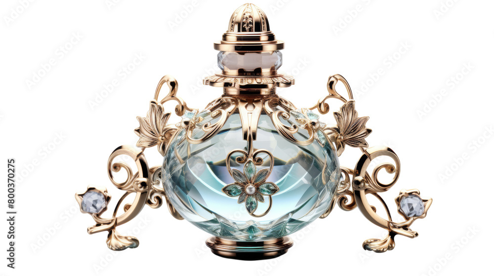 Naklejka premium A dazzling blue glass bottle adorned with intricate gold trimmings glistens in the light on transparent background