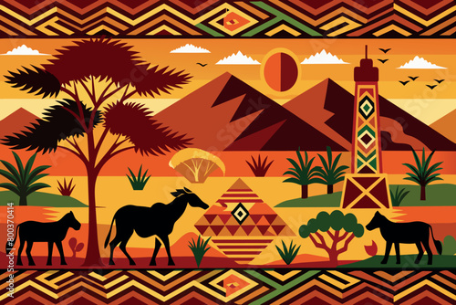 A colorful painting of a desert scene with a large mountain in the background