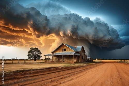 Residential house on a dirt road with storm cloud approaching