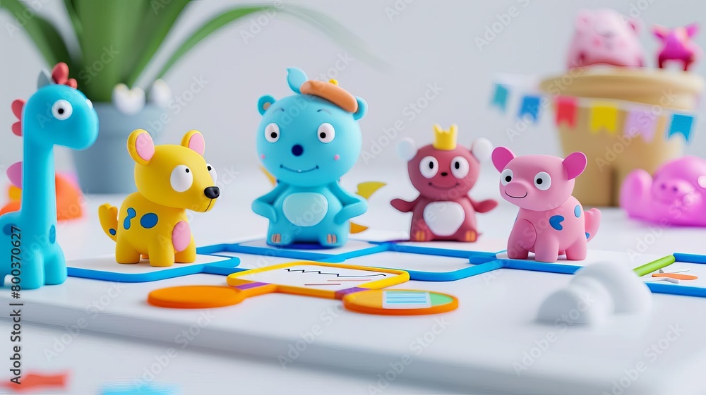 Fototapeta premium Create a fun and engaging board game for kids. The game should be educational and promote creativity. Use bright and colorful characters and make the game easy to learn and play.