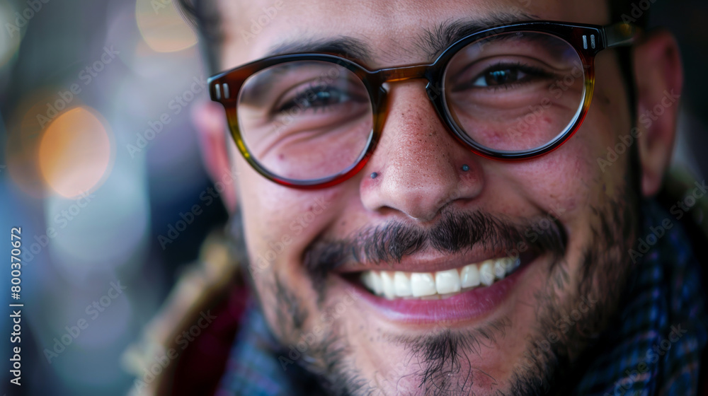 Close-up of a smiling man wearing glasses outdoors. A young man enjoying the weather outside. Vacation concept. Active lifestyle. Close-up of a smiling man wearing glasses outdoors. A young man enjoying the weather outside. Vacation concept. Active lifestyle.