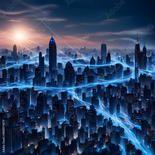 Smart city and big data connection technology concept with digital blue wavy wires with antennas on night megapolis city skyline background
