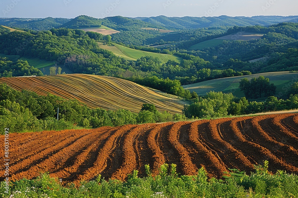 beautiful farmland with plowed field on a sunny day professional photography