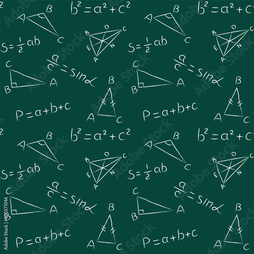 Seamless pattern of chalk geometric triangle and theory formula. Doodle math blackboard. Handwritten white chalked geometry signs and equations on green school chalkboard background