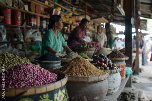 Asian Traditional Market , full of fruits ,vegetables, spices