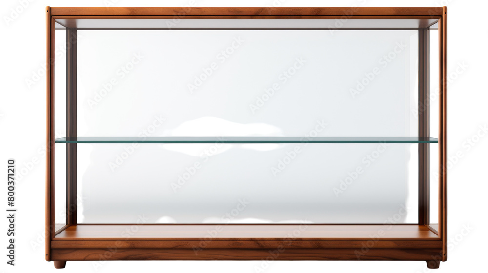 A wooden and glass display case showcasing an array of exquisite treasures on transparent background A wooden and glass display case showcasing an array of exquisite treasures on transparent background