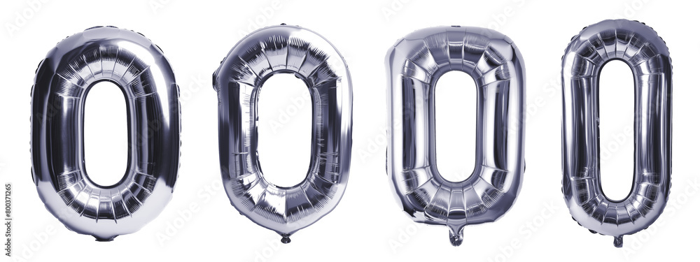 Silver foil balloon number 0, different styles, transparent png background