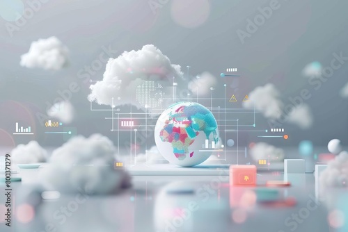 A digital illustration of a globe with a glowing network of connections and a cloud of data. The globe is sitting on a reflective surface with other abstract 3D shapes.