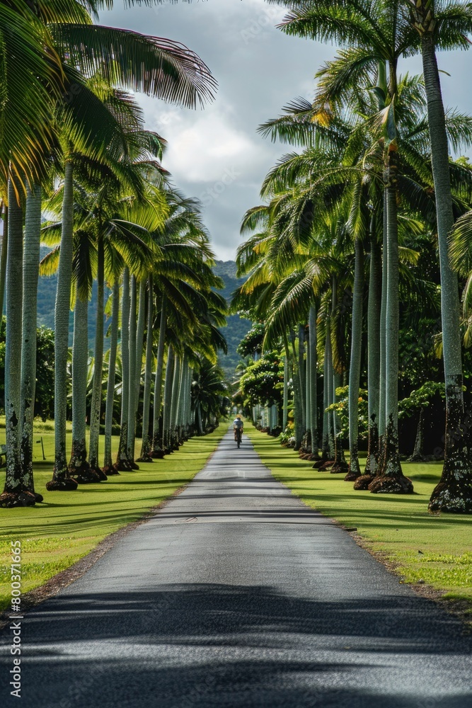  green field and palm trees on both sides of a long path with one man riding his bicycle down an asphalt road