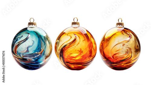 Three delicate blown glass ornaments shimmer in the light, arranged neatly side by side on transparent background