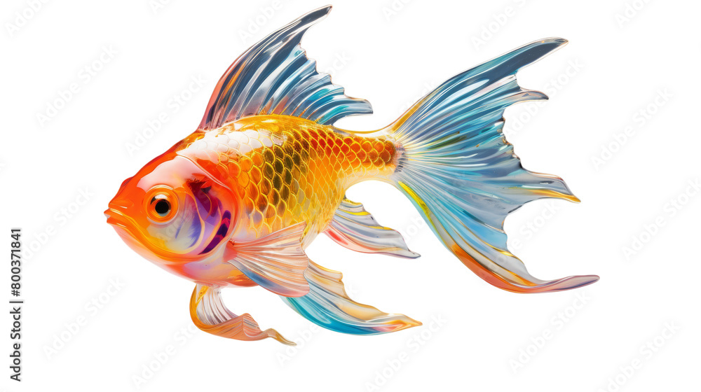 Fototapeta premium A single goldfish elegantly swims in a tranquil white space on transparent background