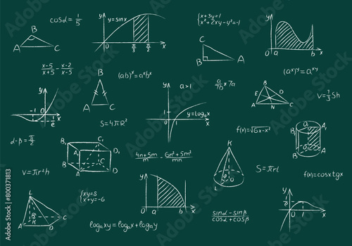 Chalk set of mathematical figures, functions, formula, calculation and equation. Hand drawn white chalked geometric triangle, square, cones and function graphs are drawn on green school chalkboard