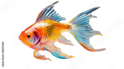 A single goldfish elegantly swims in a tranquil white space on transparent background