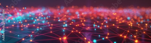 An abstract image of a network of glowing blue and red nodes connected