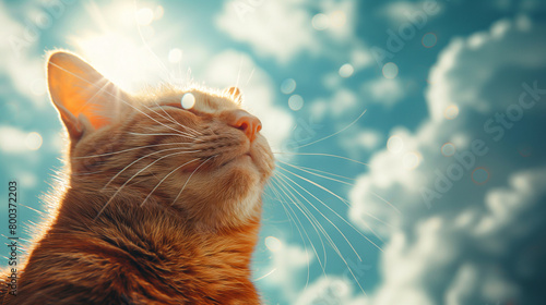 Pet lover , cat lover , A happy Orange cat face in front of cat foods and beautiful sky with clouds photo