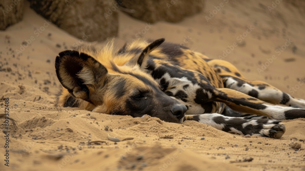 A serene scene of a sleeping African Wild Dog, capturing the fine details of its fur against the sandy backdrop, embodying a moment of rest A serene scene of a sleeping African Wild Dog, capturing the fine details of its fur against the sandy backdrop, embodying a moment of rest