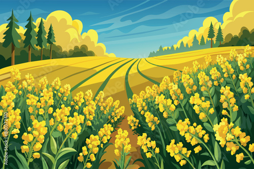 A field of yellow flowers with a blue sky in the background