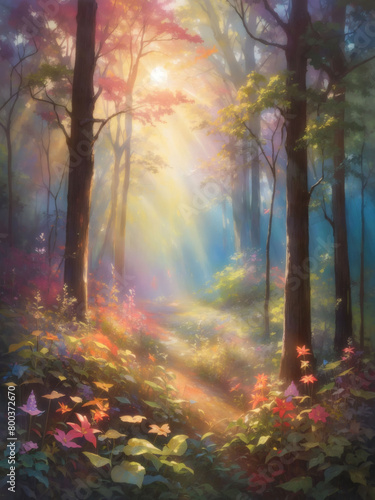 Dreamy interpretation of a sun-dappled forest clearing, with ethereal light filtering through the trees and illuminating the vibrant colors of the flora
