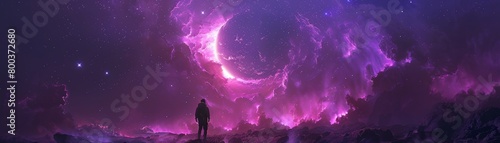 A man standing on a distant planet looking at a purple nebula and a crescent moon.