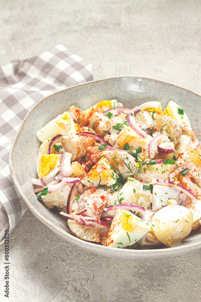 potato and egg salad, red onion, with mayonnaise, homemade, no people, potato and egg salad, red onion, with mayonnaise, homemade, no people,