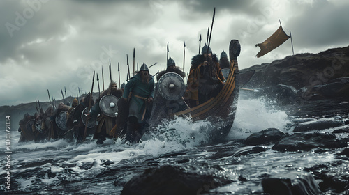 A group of Viking raiders charging ashore from their longship, with waves crashing against the rocky shore. Epic shot.


 photo