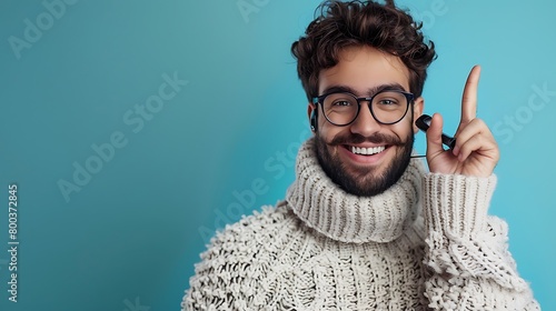 A Young handsome man with beard wearing casual sweater and glasses over blue background smiling doing phone gesture with hand and fingers like talking on the telephone, Communicating concepts photo