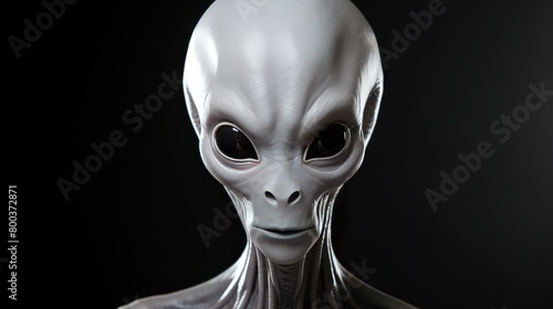 Portrait of Alien face. Close-up of an extraterrestrial being over black background. Ai generated video. Space travel and technology.