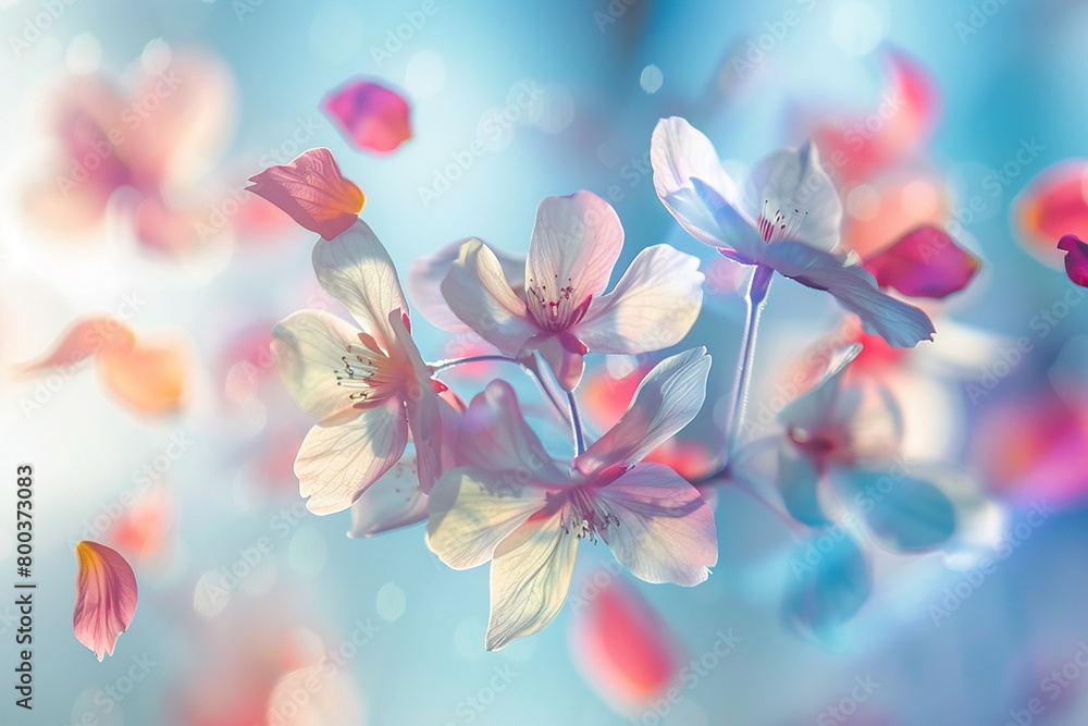 Translucent petals drifting in a surreal wind, painting the air with fleeting colors.