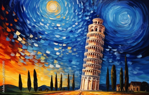 The Leaning Tower of Pisa in Italy, rendered in the style of Van Gogh. Oil painting against a starry sky, colorful, with vibrant colors and rich details creating a dreamy atmosphere photo