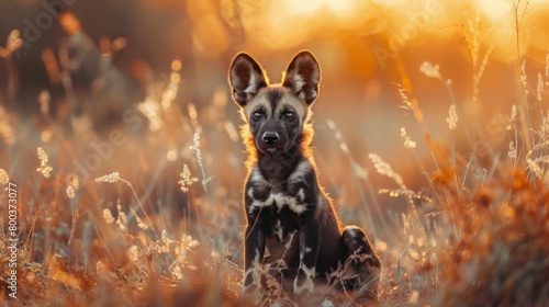 A wild dog appearing tranquil and contemplative sits amidst the golden grasses at sunset