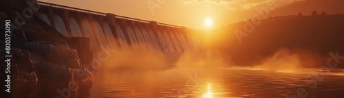 The sun sets behind a hydroelectric dam, casting a golden glow on the water below. photo