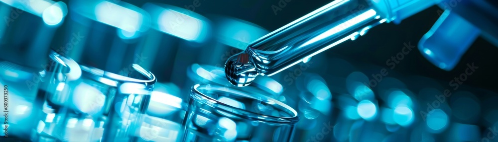 Closeup of a bluetoned pipette dispensing a sample into a test tube, with a focus on precision and detail in the lab environment Closeup of a bluetoned pipette dispensing a sample into a test tube, with a focus on precision and detail in the lab environment