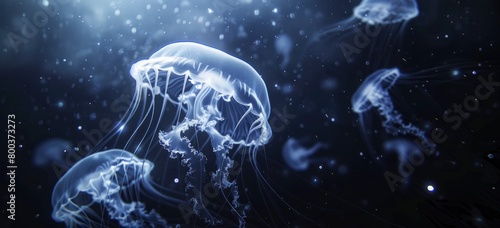 glowing jellyfish in the dark ocean