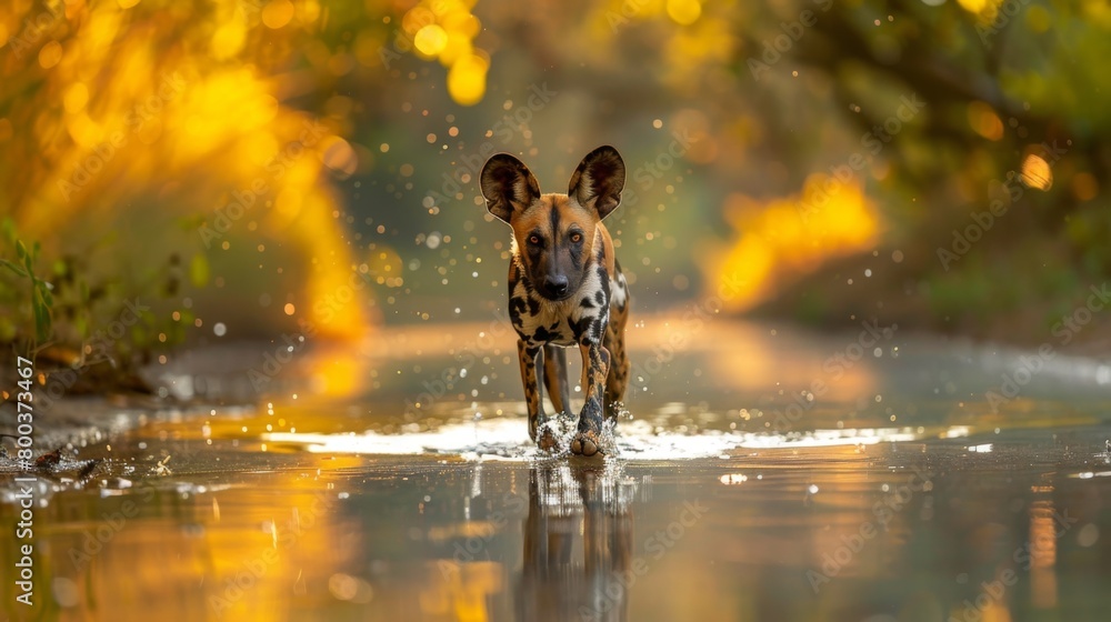 A captivating view of an African wild dog walking calmly in the water with the sunset creating a magical golden background A captivating view of an African wild dog walking calmly in the water with the sunset creating a magical golden background