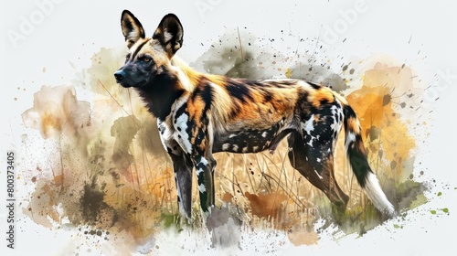 A captivating portrait of an African wild dog set against a backdrop of dynamic watercolor splashes and bold brush strokes