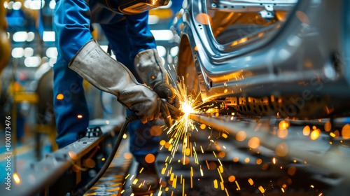 Experienced welder works on a welding machine at a car factory. A man with special clothes cooks a car at an industrial plant. Industry concept. photo