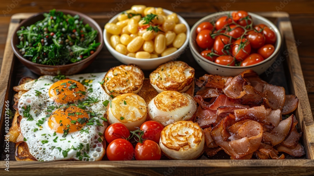 American breakfast on wooden tray with eggs, bacon ,ham, vegetable ,tometo,beans and toast.