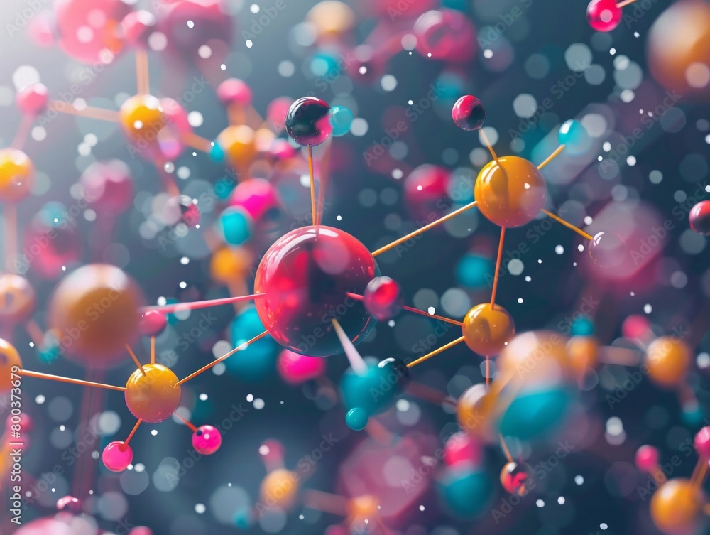 Closeup of a dynamic molecular model, atoms connected by colorful abstract bonds, illustrating complex chemical reactions Closeup of a dynamic molecular model, atoms connected by colorful abstract bonds, illustrating complex chemical reactions