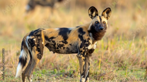 Stunning African wild dog turning its head, looking back against a blurred natural background highlighting its alertness