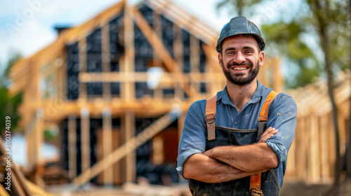 Portrait of a young carpenter with crossed arms against the background of a house under construction with a wooden frame. Smiling male construction worker standing on site outdoors.