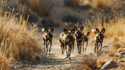 African wild dogs, also known as painted wolves, move in a pack through the golden grasses possibly in pursuit of prey or patrolling their territory photo