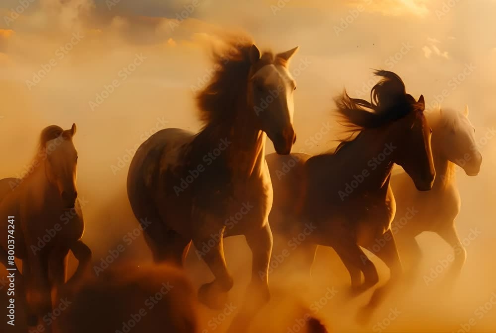 AI-generated image of horses running through a dusty landscape with a glowing sunset backdrop. Generative AI AI-generated image of horses running through a dusty landscape with a glowing sunset backdrop. Generative AI