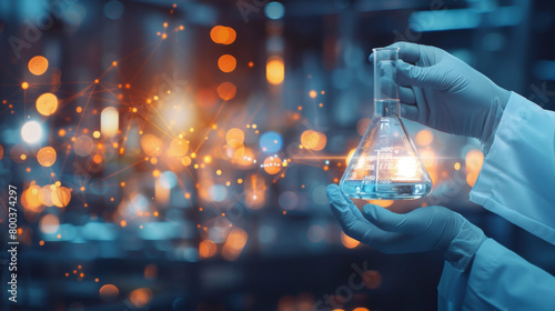 hand of scientist holding flask with lab glassware in chemical laboratory background, science laboratory research and development concept  photo