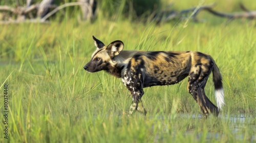 African wild dog, also known as painted wolf, standing alert in a grassy field Environment and wildlife concept