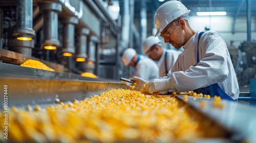 Quality control inspectors sampling corn at a processing facility to ensure export standards. photo