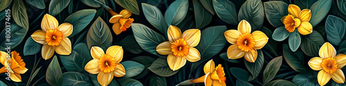 Vintage Daffodil Pattern: Radiant Yellow Flowers on Dark Background 