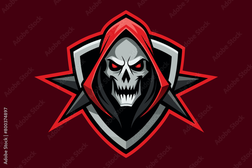 A skull with a red hood is on a red background