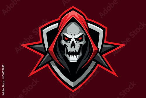 A skull with a red hood is on a red background